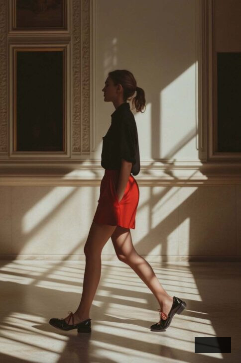 red shorts and vintage shoes modern academia summer outfit