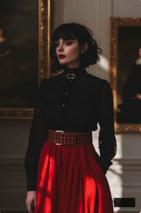 vampire academia outfit with red skirt and plaid belt