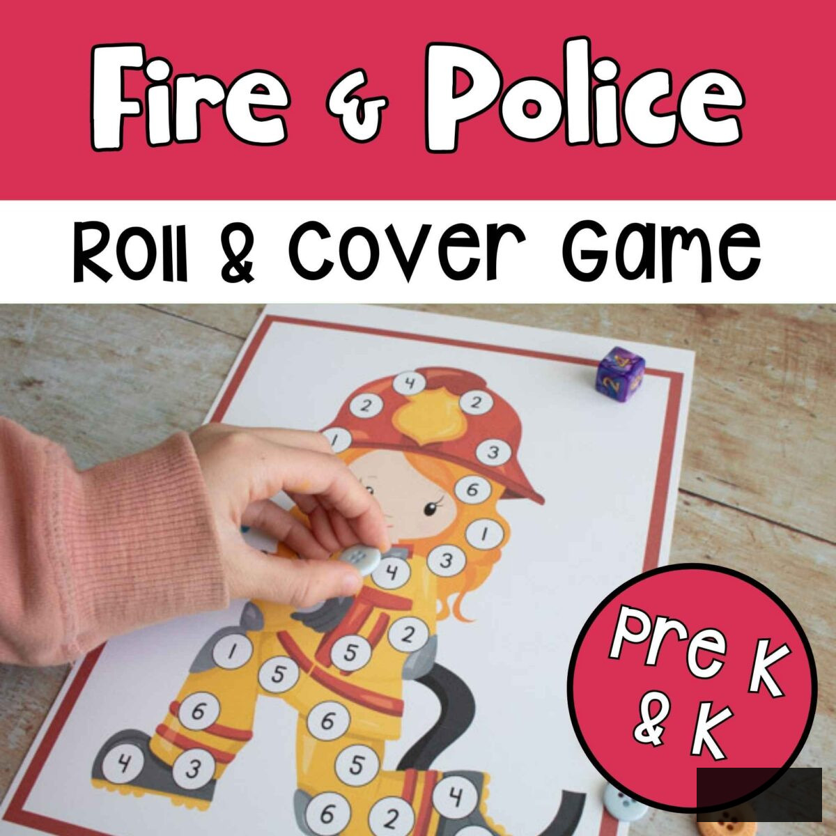 A child engaging in the firefighter roll and cover game. Text reads Fire and Police Roll & Cover Game, Pre-K and K.