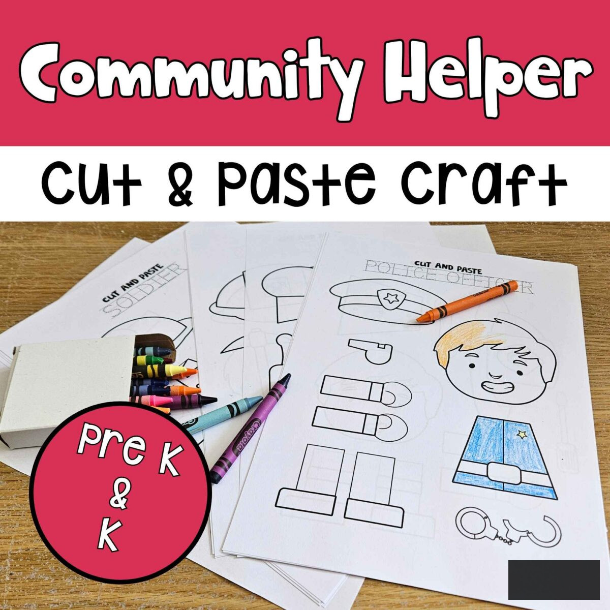 Sample pages from the Community Helper Cut and Paste Craft Printable from Rainy Day Print and Play on Rainy Day Mum.