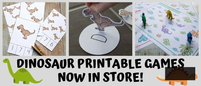 Sample images of just 3 of the printable dinosaur activities and games available on the rainy day mum printable store.