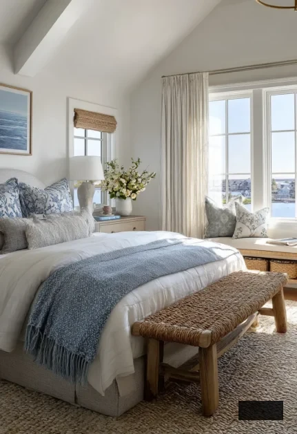 tranquil coastal bedroom with window seat overlooking the sea, and wicker bench