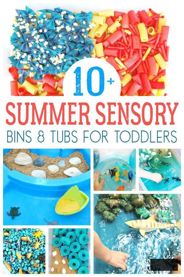 Pinterest collage of summer sensory bins for toddlers. Text on the image reads 10+ Summer Sensory Bins & Tubs for Toddlers
