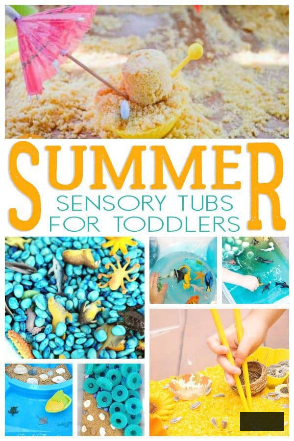 Summer sensory tubs collage featuring sand and sea creatures