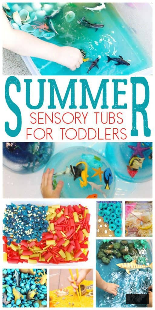 collage of simple sensory tubs and bins for summer fun with kids text reads 10+__ Sensory bins for toddlers this summer