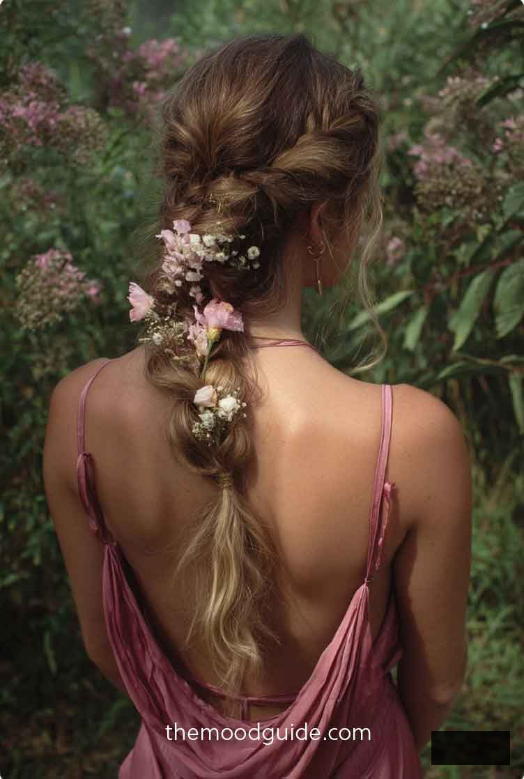 braided aesthetic fairy hairstyle adorned with blossoms