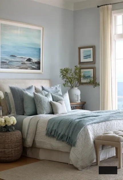 A neatly arranged bed adorned with blue and white bedding, coastal artwork above, a potted plant on a nightstand, and generous windows with cream curtains welcoming natural light.