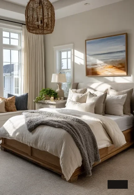 A cozy, sun-drenched coastal bedroom showcasing a wooden bed, neutral bedding, knitted throw, and numerous cushions. A woven pendant light hangs overhead, while a coastal artwork and potted plant adorn the nightstand next to a large window.