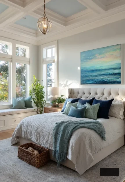 Tranquil Neutral Coastal Bedroom, walls in gentle blues, darker blues, aquas, and greens throughout the bedding, cushions, and decorative elements.