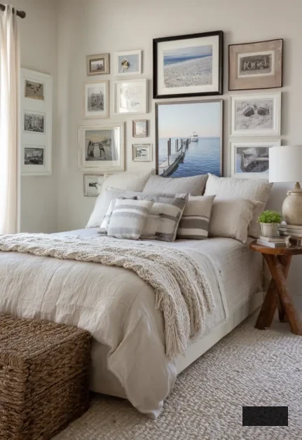 An inviting coastal bedroom with a tidy bed, neutral bedding, and textured cushions. The wall above the bed features a gallery of framed art and photographs. A woven basket sits at the foot of the bed, accompanied by a wooden side table displaying decor.