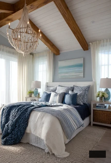 Inviting coastal bedroom with visible wooden ceiling beams, a beaded chandelier, blue and white bedding, expansive windows adorned with sheer drapes, two nightstands with lamps, seaside decorations, and a seascape artwork above the bed.
