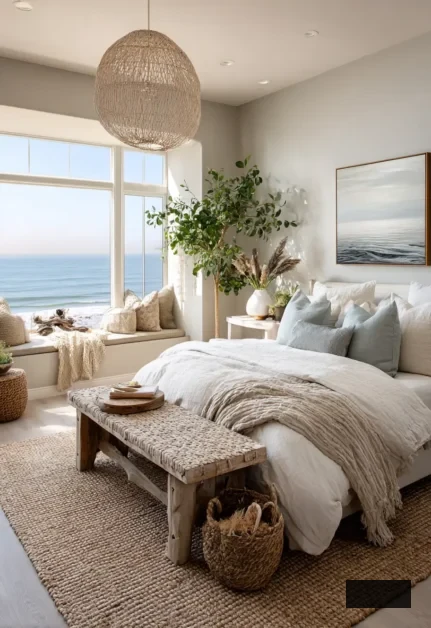 A snug coastal bedroom featuring a large window overlooking the ocean, natural woven accents, white bedding, soft throw blankets, a rustic wooden bench, and a leafy plant in the corner.