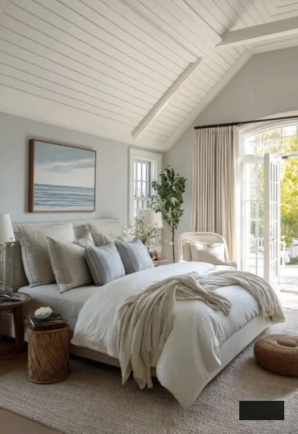 A light, airy bedroom with a meticulously made bed, subtle bedding, a large window with open drapes, a potted plant, and a seascape painting adorning the wall.