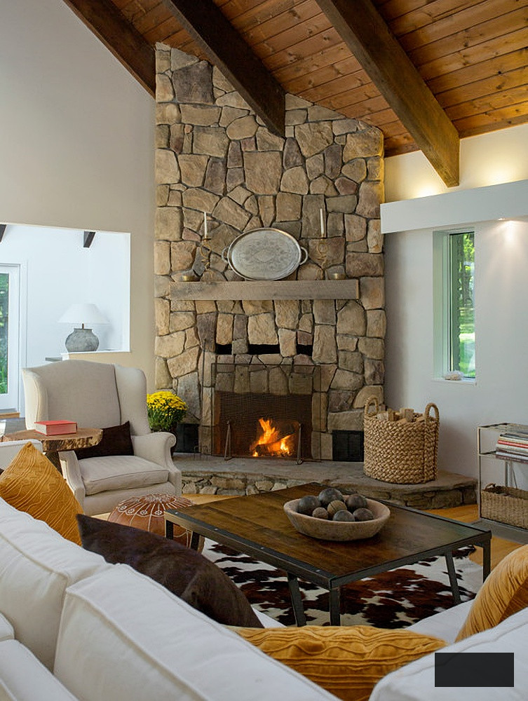 Stone fireplace in a Berkshire county living room