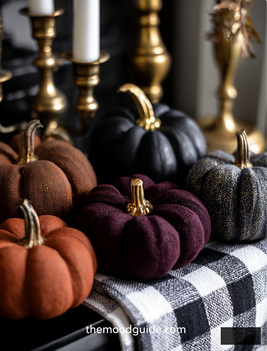 dark academia aesthetic fall decor on charcoal, rusty orange, burgundy and brown pumpkins on black and white checkered blanket