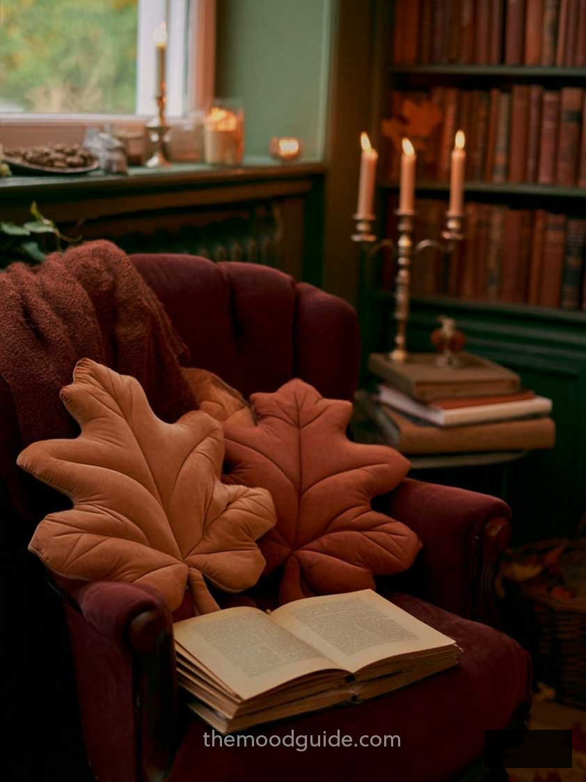 cozy fall reading corner on dark academia fall themed bedroom and burgundy armchair