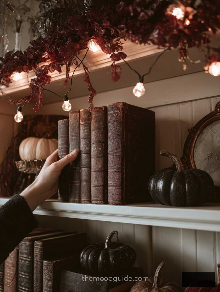 dark academia fall bedroom shelf decor idea with vintage books, black pumpkins and string lights