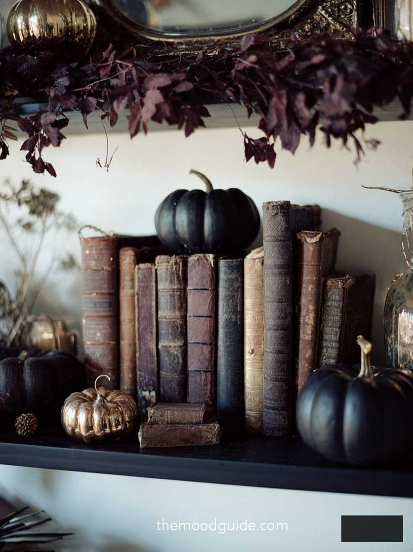 dark academia shelf decor idea for fall with black and gold pumpkins, burgundy leaves and leather books