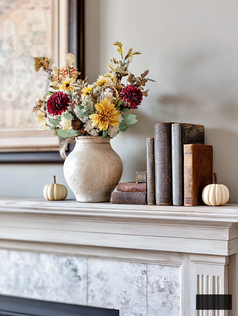 beautiful fall mantel with vintage books and autumn flowers