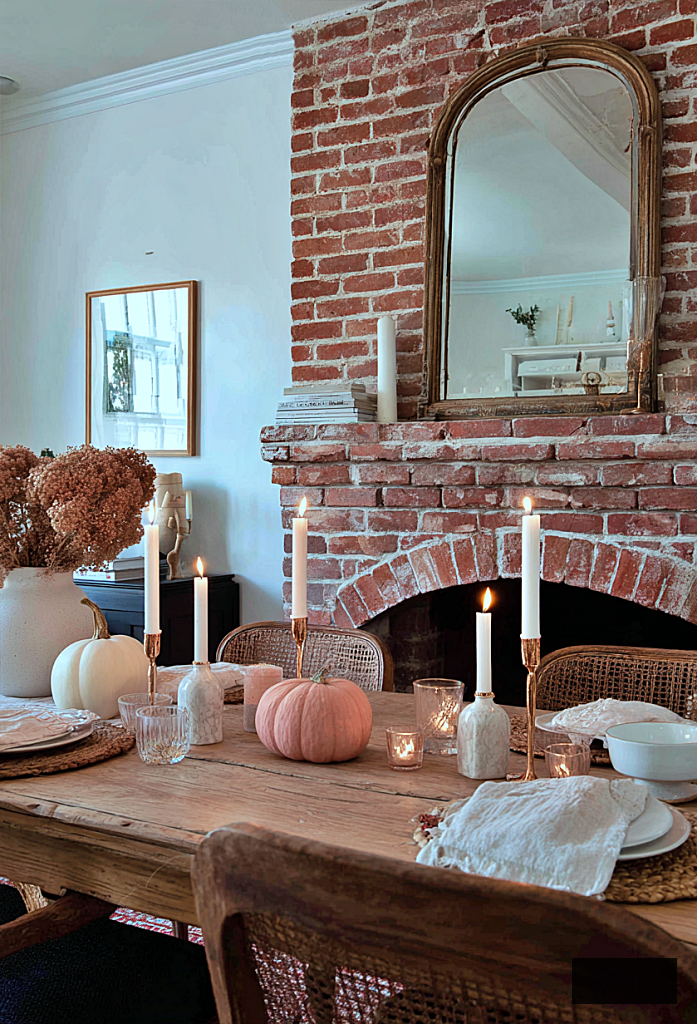 fall mantel ideas - brick fireplace