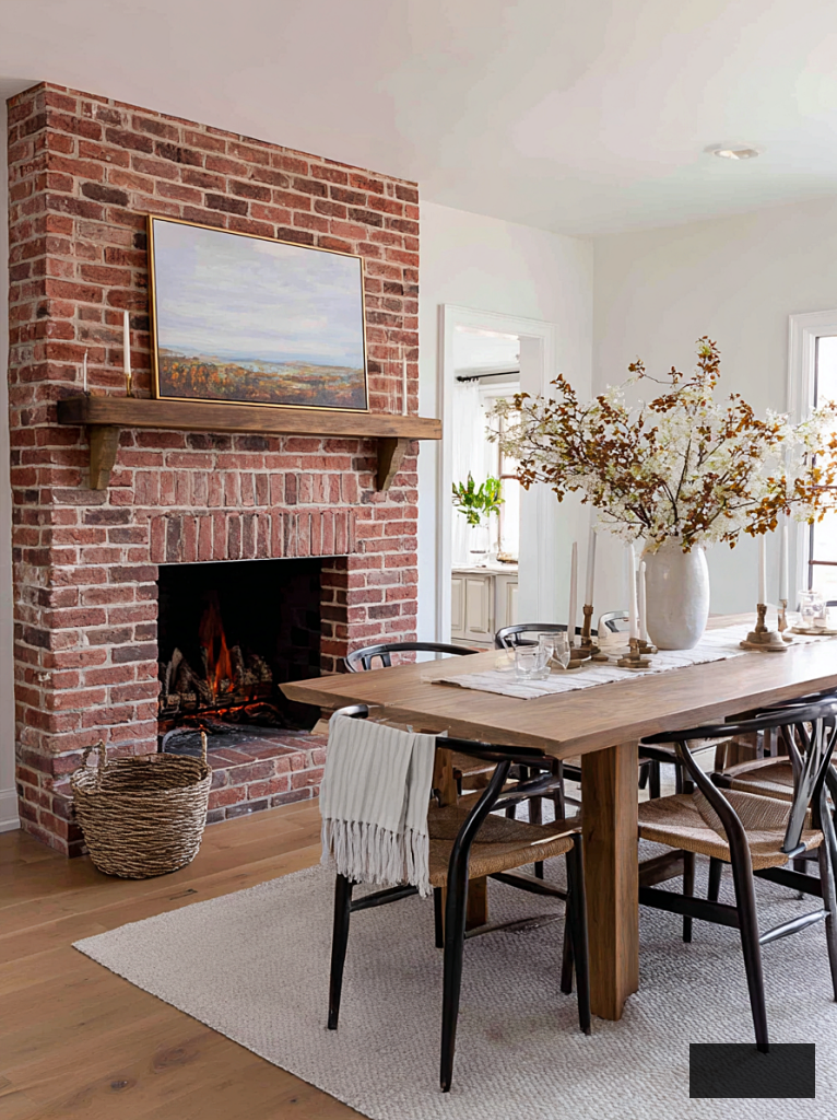 brick fireplace in modern country dining room