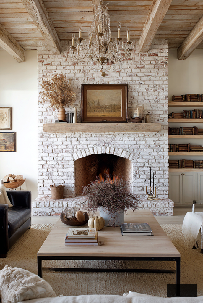 white brick weathered fireplace in country living room