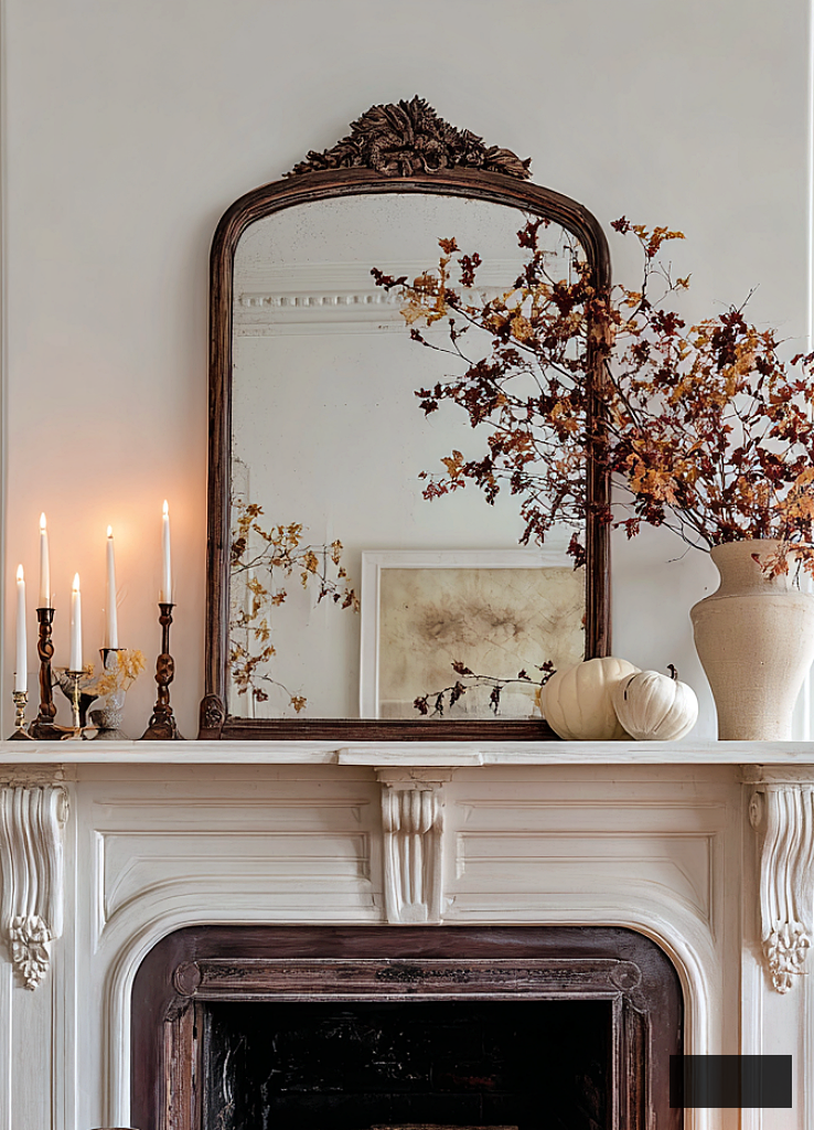 vintage mirror above elaborate marble mantel
