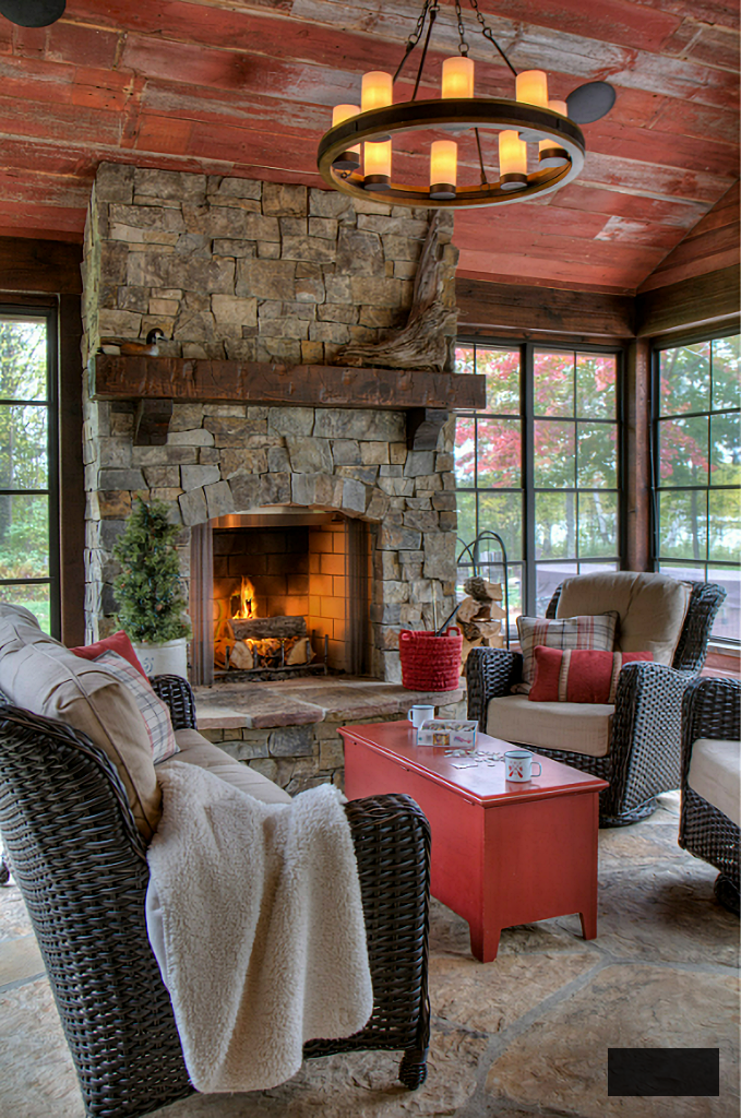cabin style porch with stone fireplace
