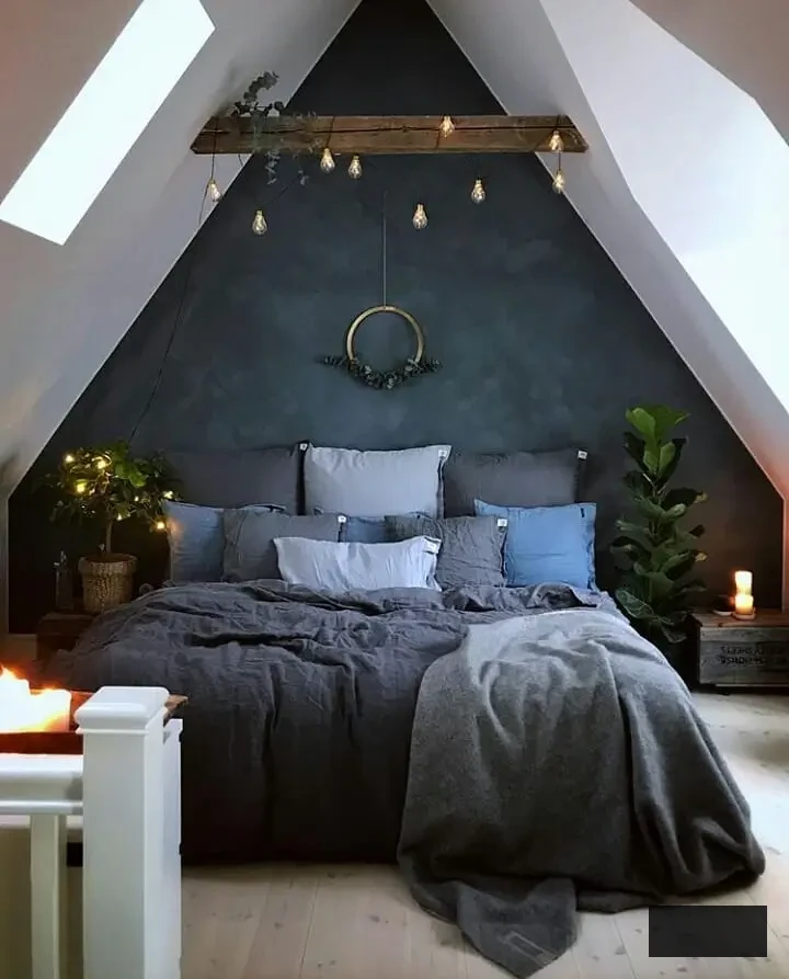 attic bedroom with dramatic accent wall