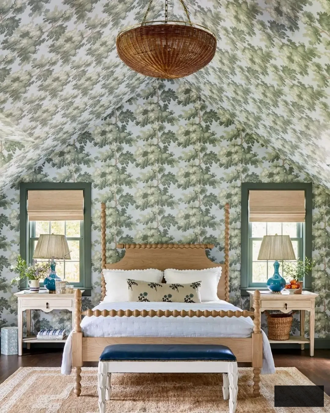 serene botanical-themed wallpapered attic bedroom 