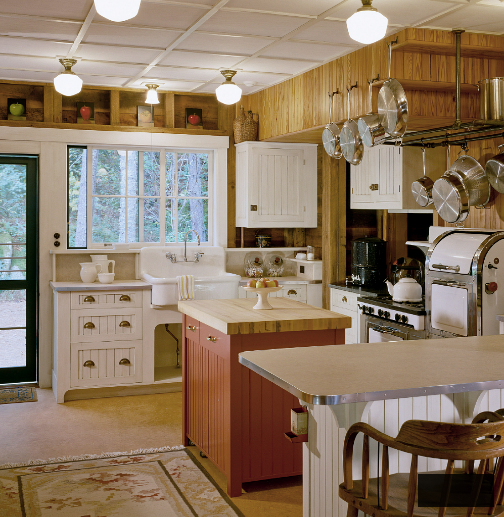 cozy paneled kitchen in Maine cabin