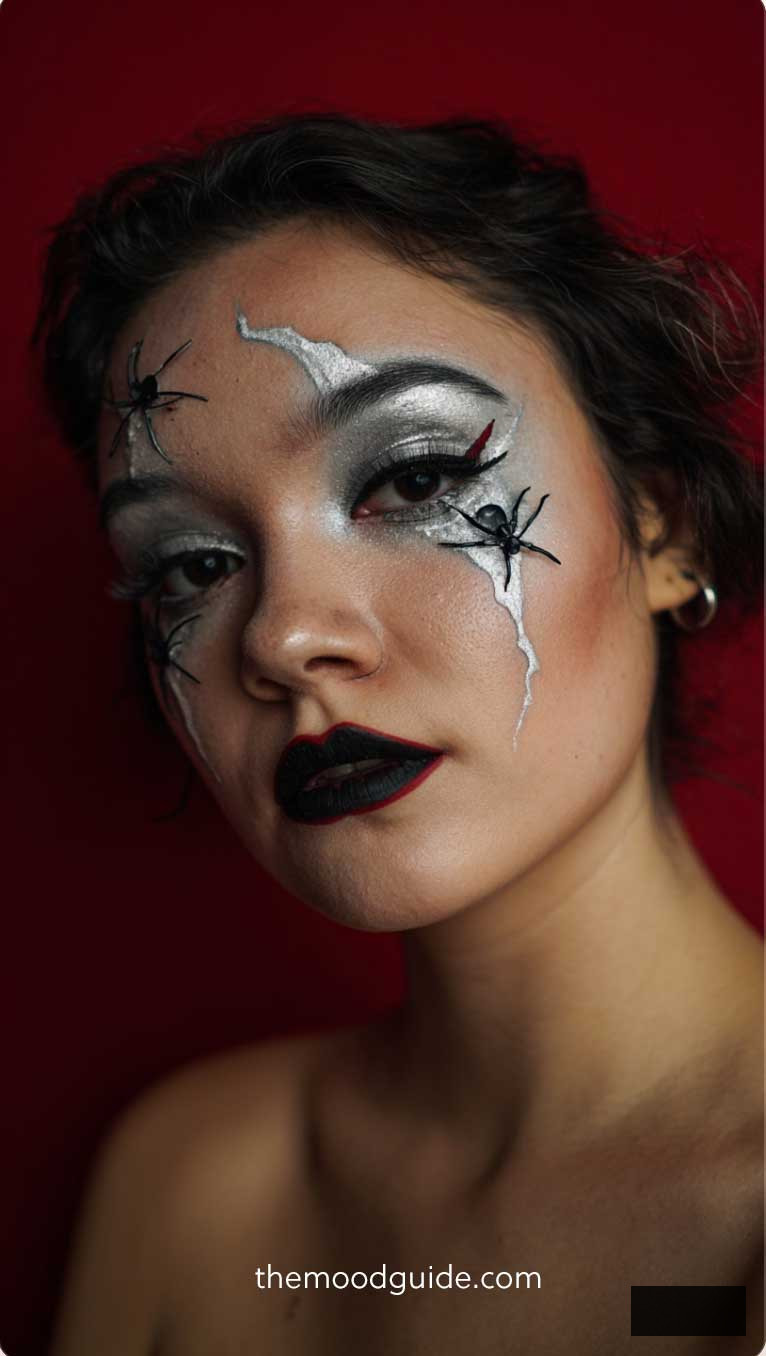 easy spider makeup with silver and black hair for halloween