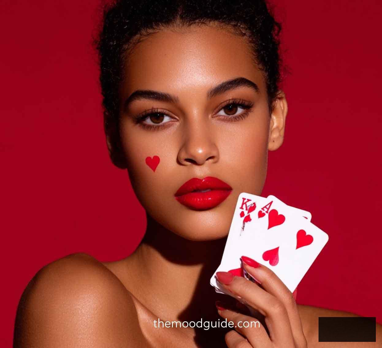 easy minimal simple heart red makeup for office work. elegant on black skin