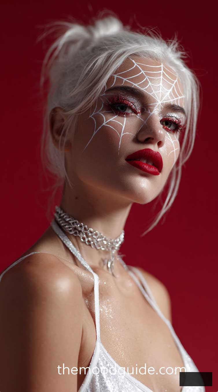 red and white elegant spider makeup for halloween