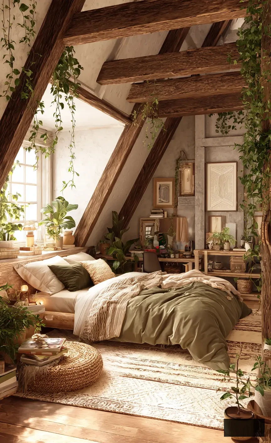 cozy attic bedroom with exposed beams, plants, books, art, decorative items, light