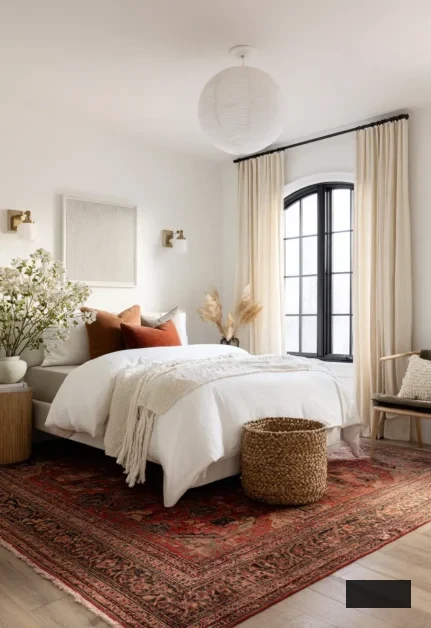 cozy modern bedroom with stark white walls, creamy curtains and a warm rug