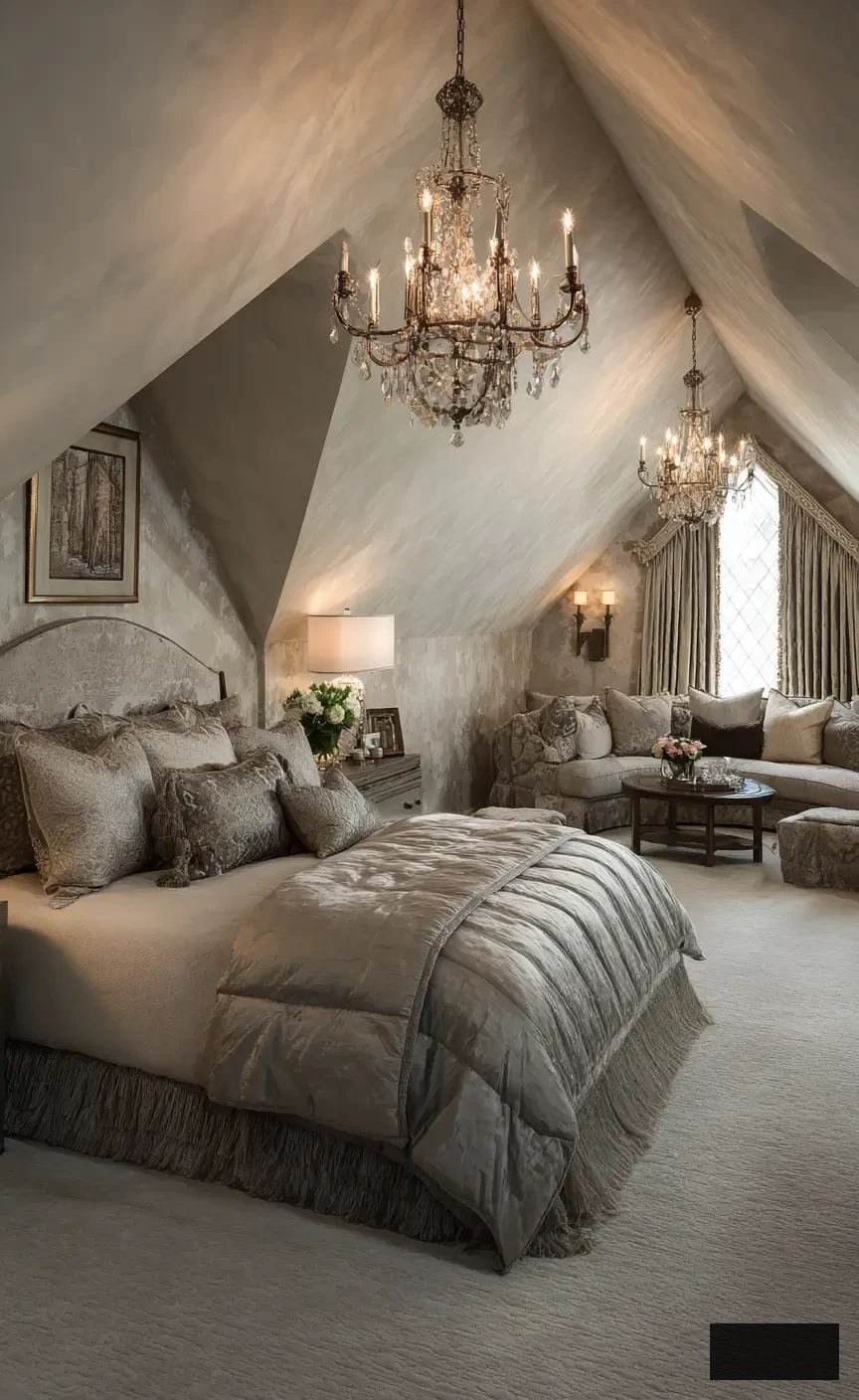elegant attic bedroom design idea featuring chandeliers and luxe fabrics