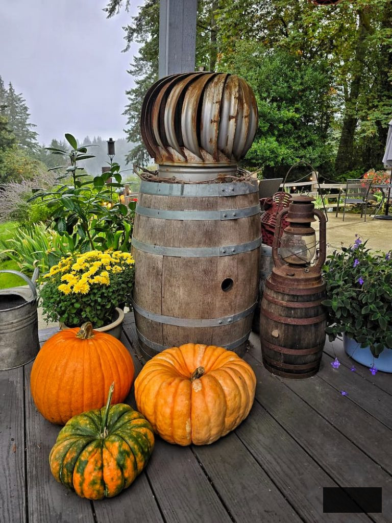 vintage items and pumpkins on the porch for autumn