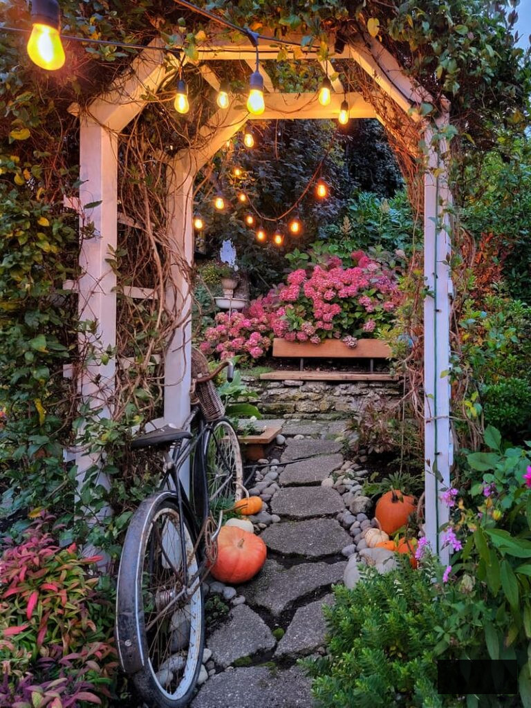garden pathway featuring a white arbor and bistro lights with a vintage bicycle near the fall hydrangeas