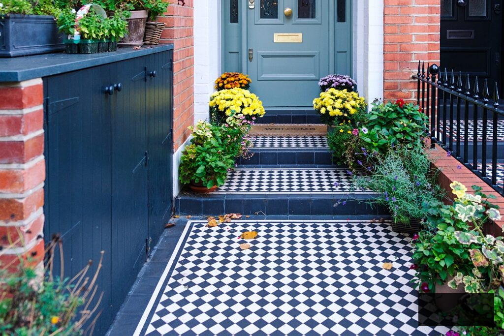 Victorian home in London with checkerboard walkway