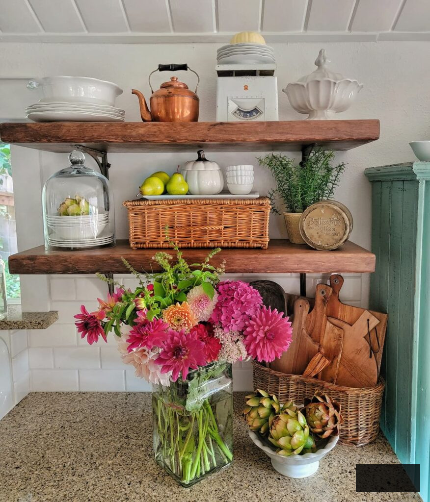 autumn open shelving displaying cut flowers in a vase