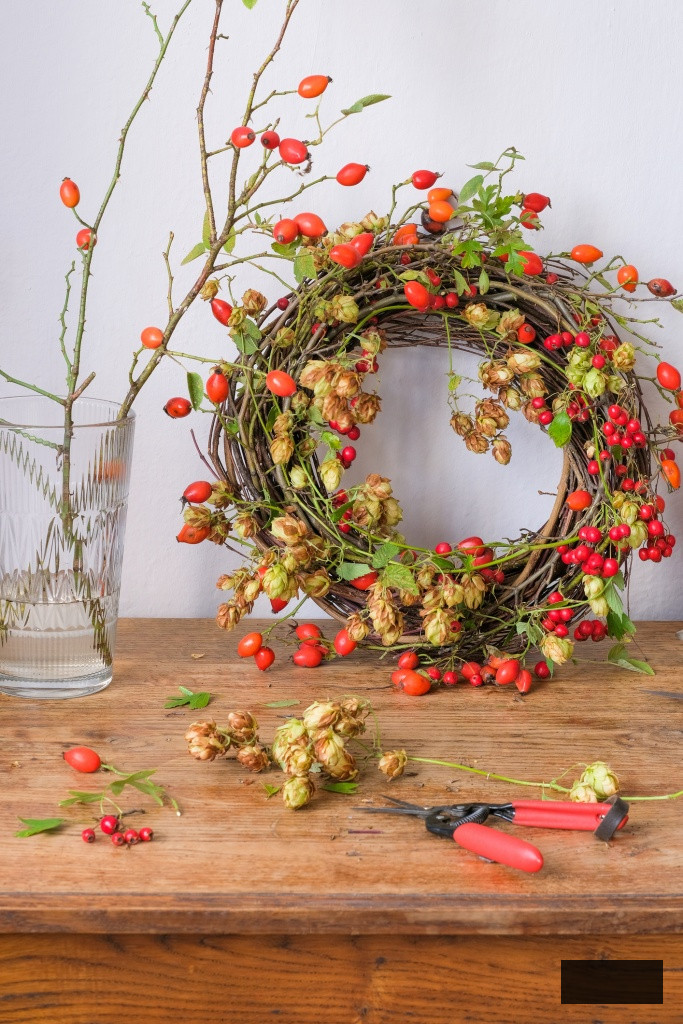 Autumn wreath of rosehip, hawthorn and hops