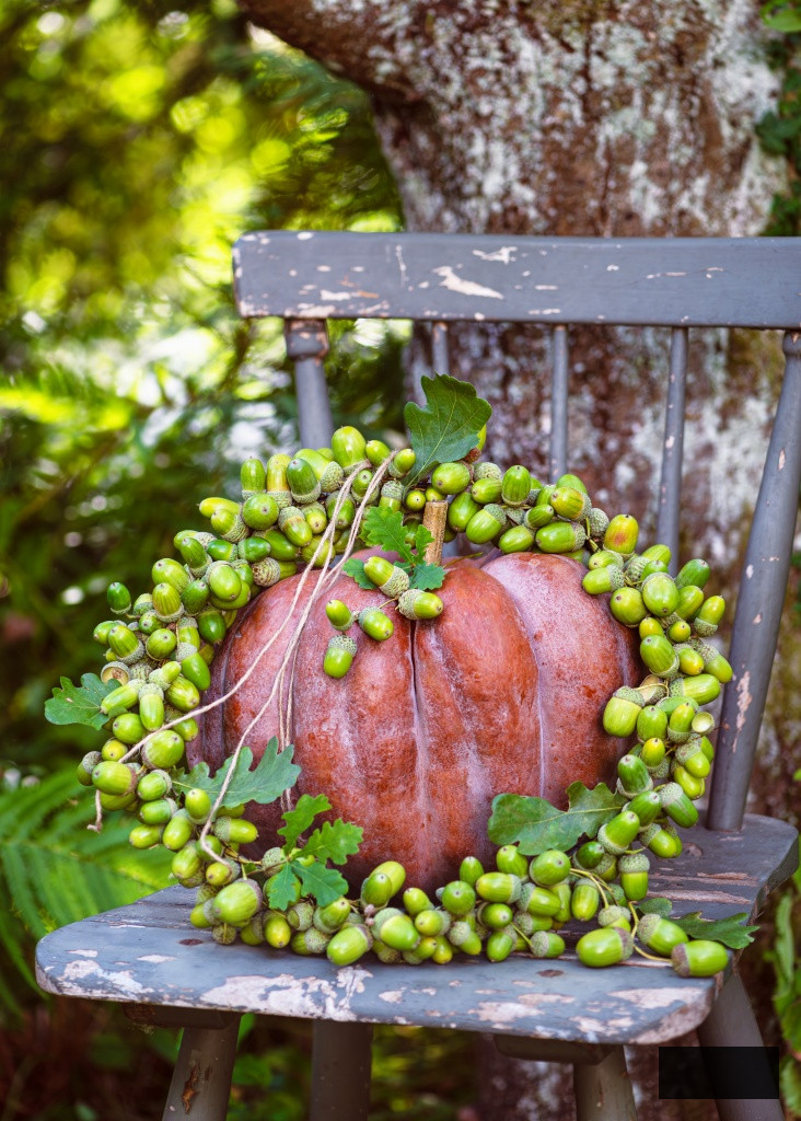 Fall wreath made from green acorns