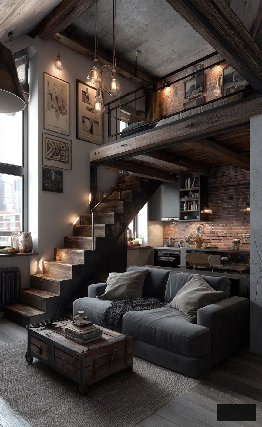 modern industrial tiny apartment with loft attic bedroom