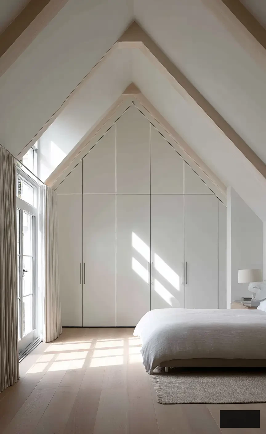 sleek and minimalist attic bedroom design with neat lines, large minimalist wardrobe and natural light