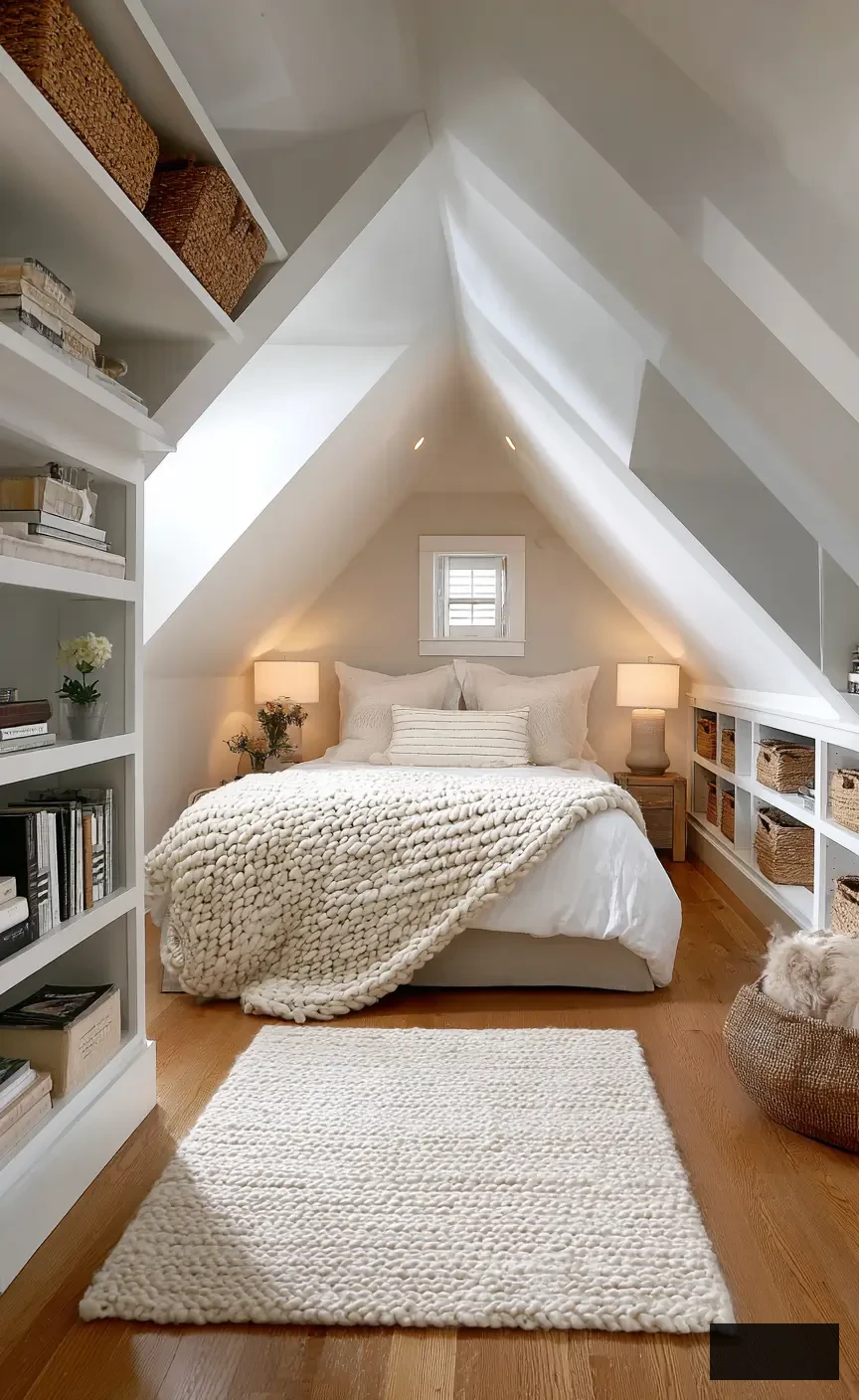 Compact Loft Bedroom concept with Sloped Ceilings, Ingenious storage and soft neutrals