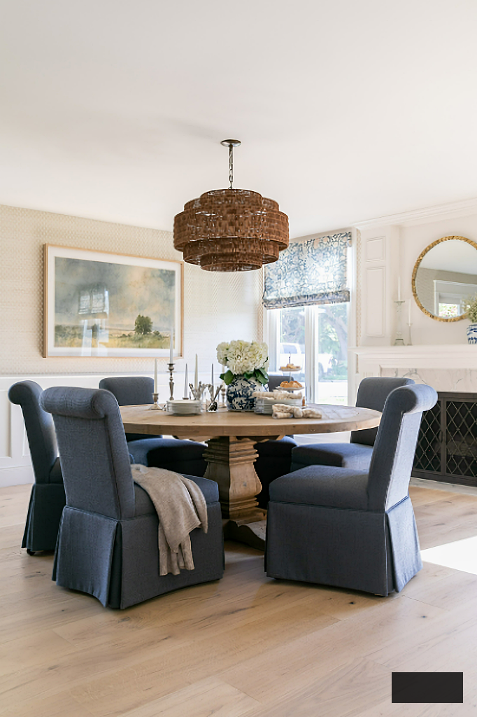 tailored dining area in blue and neutrals