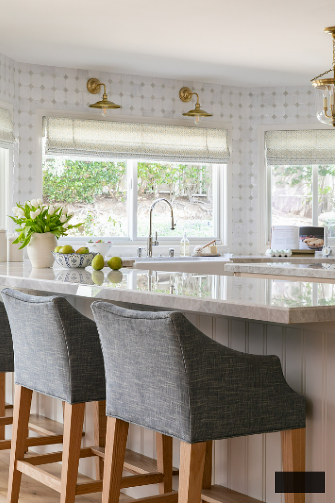 upholstered stools at kitchen island