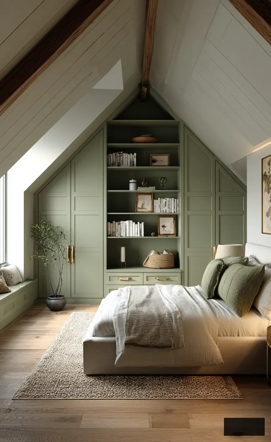 Attic olive sage green Bedroom with Built-in Cabinets