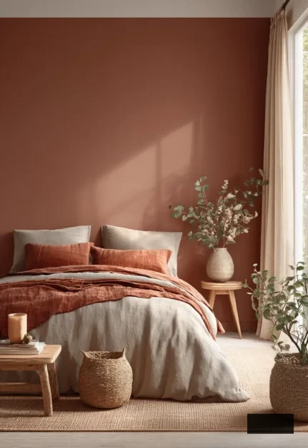 bedroom with muted terracotta accent wall and warm beige elsewhere
